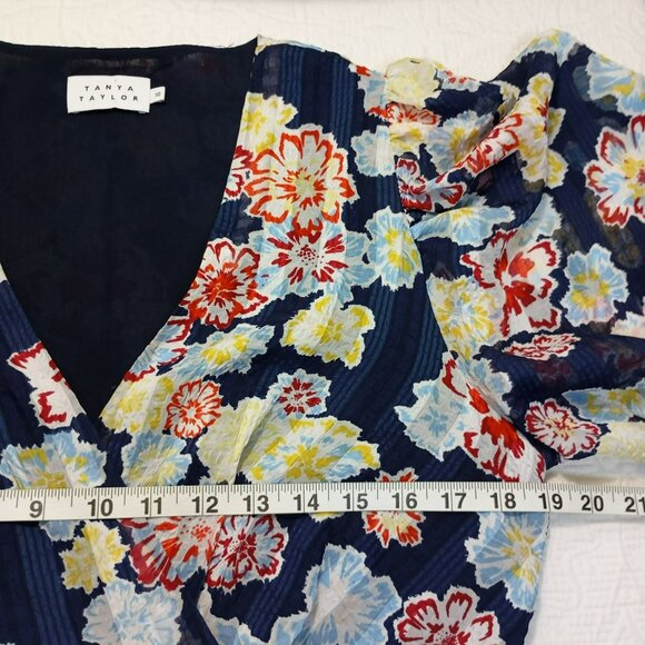 Tanya Taylor Floral Wrap Dress Navy Blue Multicolor Short Sleeve Size 10 Womens - Picture 10 of 11
